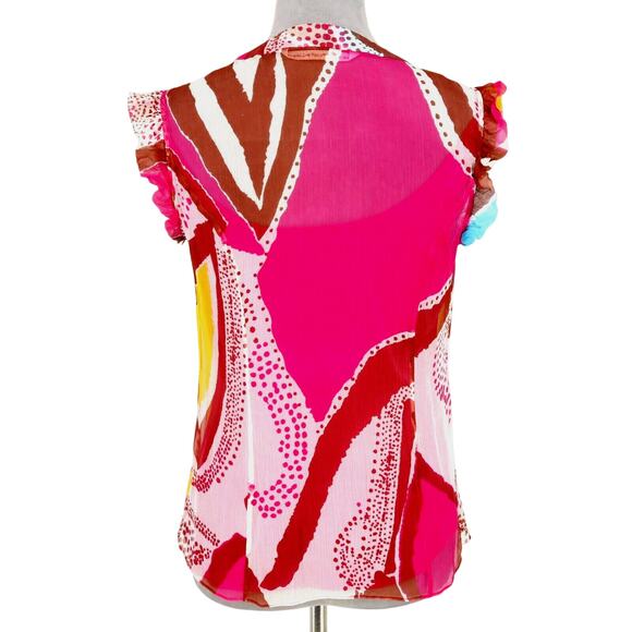 Diane Von Furstenberg Top Womens 10 Pink Yellow Silk Blouse Chiffon Ruffle Front - Picture 3 of 16